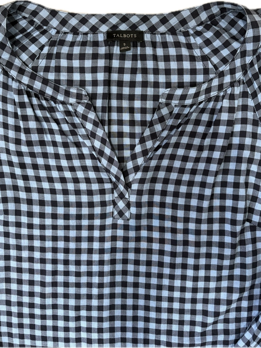 Talbots Gingham Popover Blouse Sz S Tie Cuff Split Neck Blue Black - Picture 5 of 6